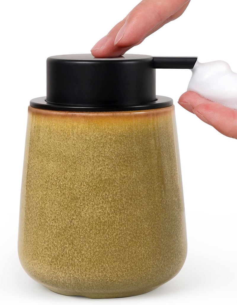 INGOFIN Ceramic Foaming Soap Dispenser - 12 oz Refillable Foam Hand Soap Dispenser Bathroom, Modern Dish Dispenser Pump for Kitchen,Kiln-Glazed Earthy Brown Yellow - Image 1
